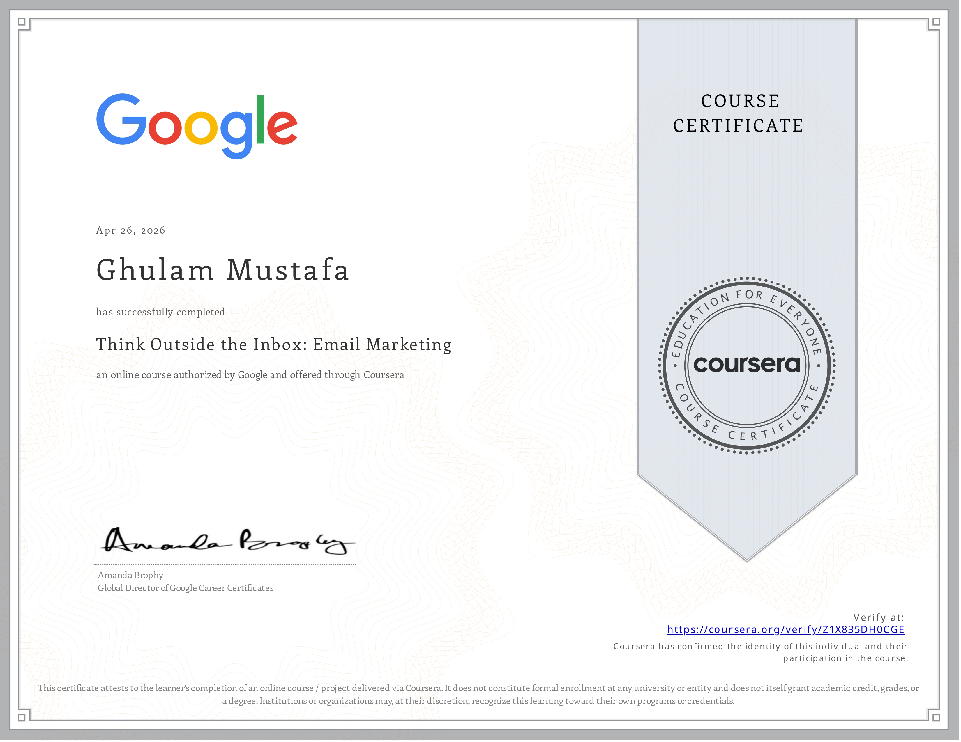 Certificate for Think Outside the Inbox: Email Marketing